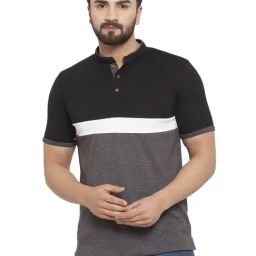 Kalt Men Half Sleeves Mandarin Collar Cotton Blend Stripe T-shirt-image-89