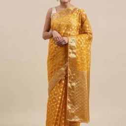 Geroo Jaipur Yellow Woven Pattern Saree With Unstitched Blouse-image-60