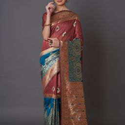 Mitera Brown & Blue Silk Blend Woven Design Kanjeevaram Saree-picture-44
