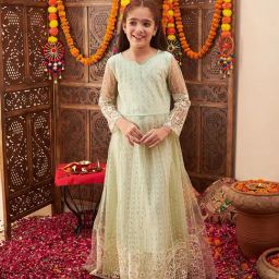 Cherry & Jerry Girls Green Ethnic Motifs Fit and Flare Maxi Dress-image-5