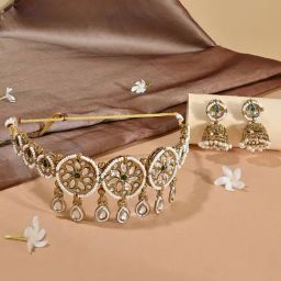 Fida White Studded Stone Bridal Choker & Earrings Set for Women-6