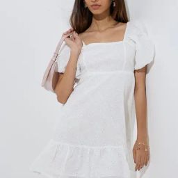 Nuon by Westside White Schiffli Detailed A-Line Cotton Dress-image-4