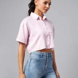 Chimpanzee Pink & White Striped Cropped Shirt-image-35