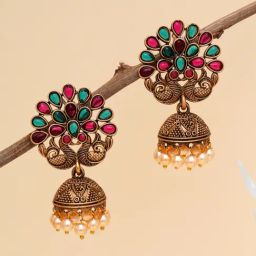 Karatcart Gold-Plated Peacock Shape Red and Green Stone Jhumki Earrings-8