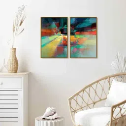 999Store Multicolor Vinyl Wall Painting Panel with Fibre Frame - Set of 2-15