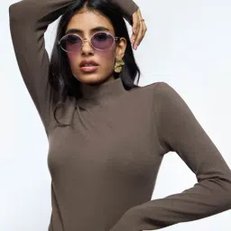 The Souled Store Brown Ribbed Top Brunette Women Full Sleeves Tops-picture-1