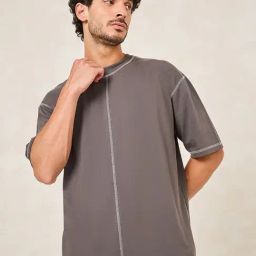 Styli Stone Grey Relaxed Fit Oversized Crew T-Shirt-picture-17