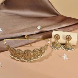 Fida Mehendi Gold Temple Necklace & Earrings Set for Women-image-88