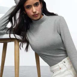 The Souled Store Grey Ribbed Top Grey Melange Women Full Sleeves Tops-picture-48