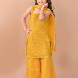 LilPicks Kids Mustard Embellished Kurta, Sharara with Dupatta-image-30