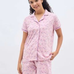 Clovia Pink Cotton Regular Fit Floral Print Night Suit-picture-19