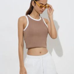 Studiofit by Westside Taupe Ribbed Cotton-Blend Tank Top-picture-36