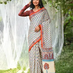 Unnati Silks Ivory Printed Saree With Unstitched Blouse-picture-8