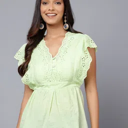 Bani Women V-Neck Flutter Sleeve Schiffli Peplum Top-image-67