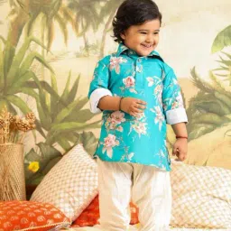 VASTRAMAY Boys Turquoise Floral Full Sleeves Kurta Sets-image-54