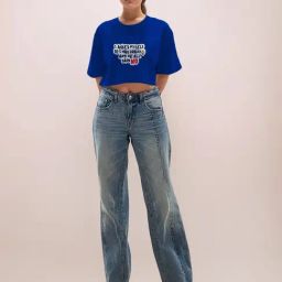Zink London Blue Cotton Graphic Cropped T-Shirt-picture-23
