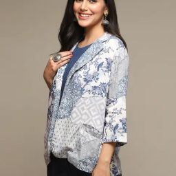 Biba Blue & White Straight Fit Floral Print Blazer-picture-19