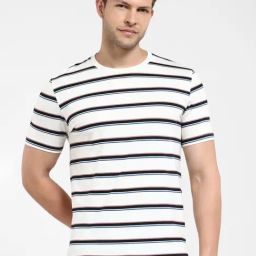 SELECTED HOMME White Slim Fit Striped Crew T-Shirt-image-80