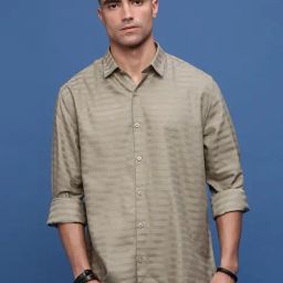 showoffff Showoff Brown Cotton Slim Fit Striped Shirt-picture-3