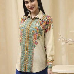 Biba Beige Cotton Straight Fit Floral Print Shirt-image-41