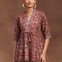 Libas Rust Cotton Printed Fit and Flare Short Kurti-image-4