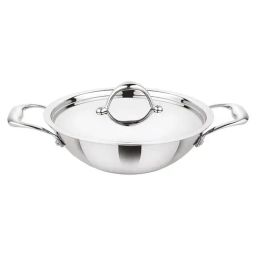 Prabha Stainless Steel Silver Prima Kadhai Flat Bottom with Lid, 18cm, 1.4L,-image-24