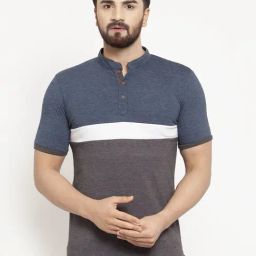 Kalt Men Half Sleeves Mandarin Collar Cotton Blend Stripe T-shirt-image-82