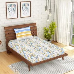 Spaces ATRIUM ECOM White & Blue Cotton 144 TC Single Bedsheet with 1 Pillow Cover-image-60