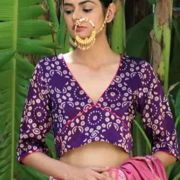 Chidiyaa Cosmos Aubergine Blockprinted Mashru Silk Blouse-image-60
