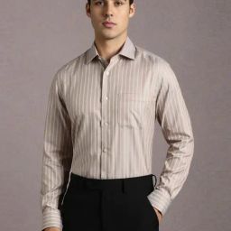 Louis Philippe Beige Cotton Regular Fit Striped Shirt-picture-5