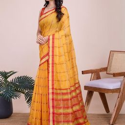 VARNI FABRICS Checked Printed Border Ikat Saree-image-50