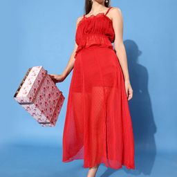 ANVI Be Yourself Women Red Self Design Dobby Weave Top with Skirt-41