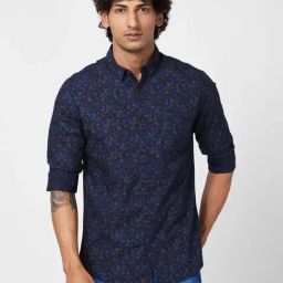 Spykar Navy Blue Cotton Slim Fit Printed Shirt-image-79