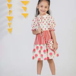 Budding Bees Kids Festive Glam Cream and Red Printed Dress Set with Bag-image-69