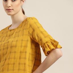 ether Kora Collection Mustard Yellow & Black Pure Cotton Checked Handloom Sustainable top-0