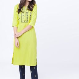 Vishudh Women Lime Green & Navy Blue Yoke Design Straight Kurta-image-37