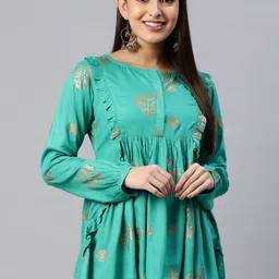 MBE Woman Floral Print Ruffles Block Print Peplum Top-22