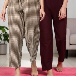 Kryptic Coffee Brown & Brown Cotton Relaxed Fit Printed Lounge Pants - Pack of 2-image-88
