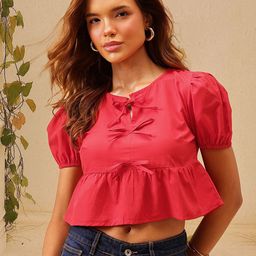 STREET 9 Tie-Up Women Neck Puff Sleeve Cotton Crop Top-image-95