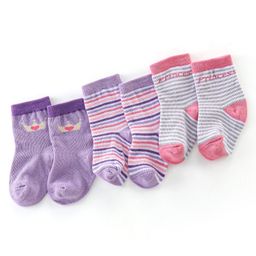Cutewalk By Babyhug Cotton Anti Bacterial Ankle Length Striped Socks Pack of 3 - Purple & Pink-image-90