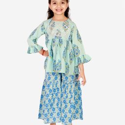 Superminis Three Fourth Sleeves FloralMotif Kurti Sharara Set - Blue-image-67