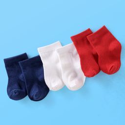 Doodle Poodle Cotton Knit Ankle Length Solid Socks Pack of 3 - White Navy Blue & Red-image-104