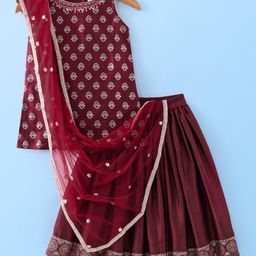 BabyhugSleeveless Foil Printed Long Kurta with Lehenga and Dupatta - Maroon-image-58