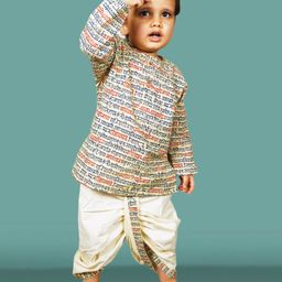 Polka Tots Full Sleeves Transcript Text Printed Kurta With Coordinating  Dhoti Set - Cream-picture-16
