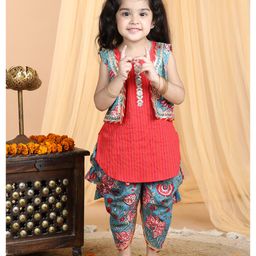 Kinder Kids Sleeveless Leheriya Placket Design Floral Sequin Embellished Striped Self Design Kantha Kurta & Floral Printed Dhoti With Coordinating Jacket - Blue & Red-4