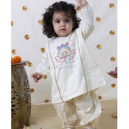 Tiber Taber Premium Cotton  Full Sleeves Baby  Lakshmi Embroidered & Gota Lace Embellished Kurta & Bandhej Printed Salwar Suit Set - Cream-image-36
