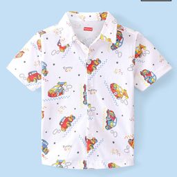 Babyhug 100% Cotton Knit Half Sleeve Shirt With Car Print - White-image-55