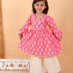 MoMaa Full Bell Sleeves Ethnic Floral Motif Printed & Lace Embellished Coordinating Angrakha Style Kurta & Palazzo Set - Pink-image-64