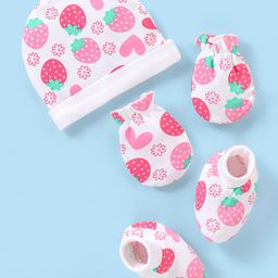 Babyhug 100% Cotton Knit Cap Mittens & Booties Set Fruity Print - White & Pink-picture-12