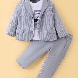 ToffyHouse 100% Cotton Woven Full Sleeves Striped Blazer with T-Shirt & Trouser Set Gramophone Print - Navy Blue-image-5